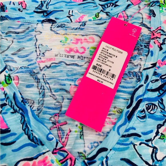 Lilly Pulitzer Etta V-Neck T-Shirt-Lilly Loves Cape Cod-Bali Blue-NWT In Package - Picture 5 of 8